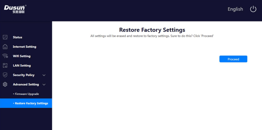 DSGW-240 Wi-Fi 6 Router Gateway 12 recover factory setting of iot gateway
