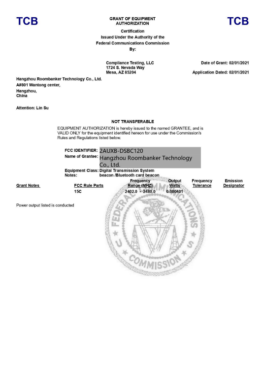 DSBC-120 BLE Beacon Card 7 FCC certificate of DSBC 120 ble beacon card