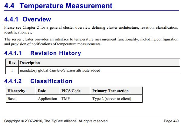 zigbee cluster temperature